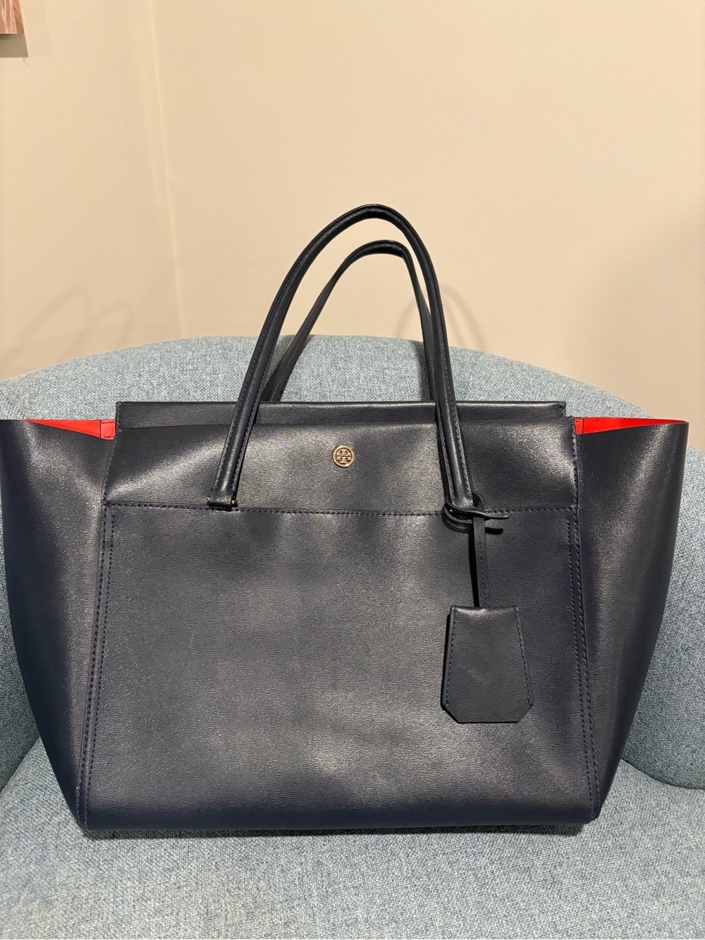 Tory Burch Navy Leather Tote with Red Interior Trim